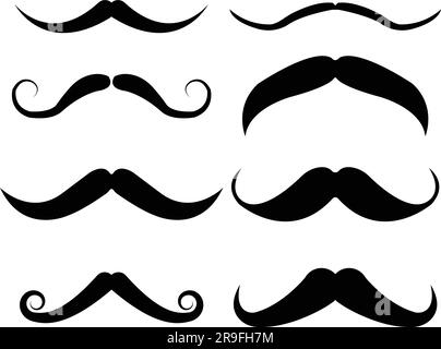 Mustache set with different style. Black silhouette of adult man mustaches. Symbol of Father day. Vector illustration. Moustache for men face Stock Vector