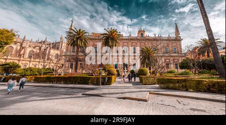 Seville, Spain-FEB 24, 2022: The Archivo General de Indias, housed in the Casa Lonja de Mercaderes is the archival of the Spanish Empire in the Americ Stock Photo