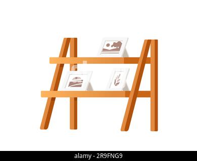 Wooden stand shelf with picture frames vector illustration isolated on white background Stock Vector