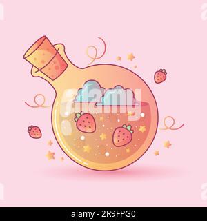 Vector illustration of strawberry potion in doodle style with bright yellow and pink gradients. Stock Vector