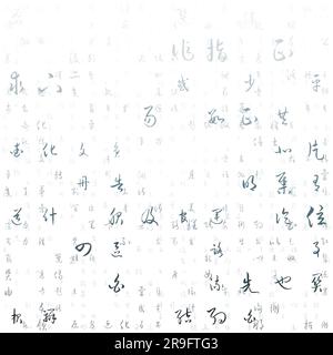 Letters Grid background. Random Symbols of Chinese Simplified Alphabet. Gradiented matrix pattern. Blue grey color theme backgrounds. Stock Vector