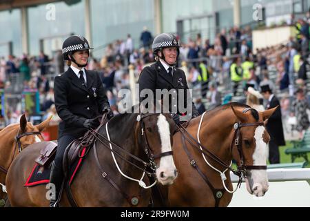 Ascot, Berkshire, UK. 24th June, 2023. Thames Valley Police Mounted Section police officers and horses on duty on the racetrack at Ascot Racecourse during Royal Ascot week. Credit: Maureen McLean/Alamy Stock Photo