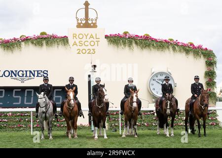 Ascot, Berkshire, UK. 24th June, 2023. Thames Valley Police Mounted Section police officers and horses on duty on the racetrack at Ascot Racecourse during Royal Ascot week. Credit: Maureen McLean/Alamy Stock Photo