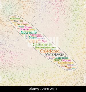 New Caledonia shape whith country names word cloud in multiple languages. New Caledonia border map on superb triangles scattered around. Amazing vecto Stock Vector