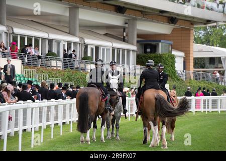 Ascot, Berkshire, UK. 24th June, 2023. Thames Valley Police Mounted Section police officers and horses on duty on the racetrack at Ascot Racecourse during Royal Ascot week. Credit: Maureen McLean/Alamy Stock Photo