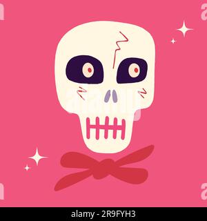 Cute creepy skull with funny face. Halloween Illustration in a modern childish hand-drawn style Stock Vector