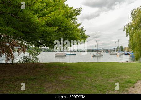 Zurich, Switzerland, May 9, 2023 Little boats at the coast of the lake of Zurich Stock Photo