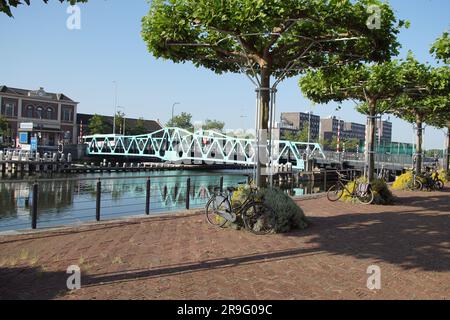 Monumental 70 year old Stationsbrug (Station Bridge). A steel swing bridge Canal over Canal through Walcheren in the Zeeland city of Middelburg. June, Stock Photo