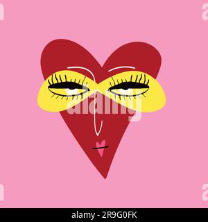 A cute quirky strange clockwork red heart with a funny surprised face in glasses. Modern trendy illustration Stock Vector