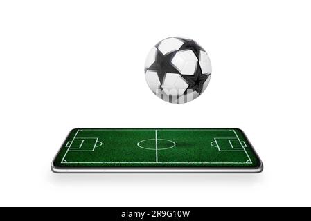 Smart phone with soccer field on screen with bouncy ball isolated. Footbal game concept Stock Photo