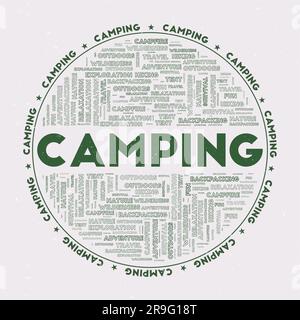 Camping - round badge. Text camping with keywords word clouds and circular text. Ficus color theme and grunge texture. Stock Vector