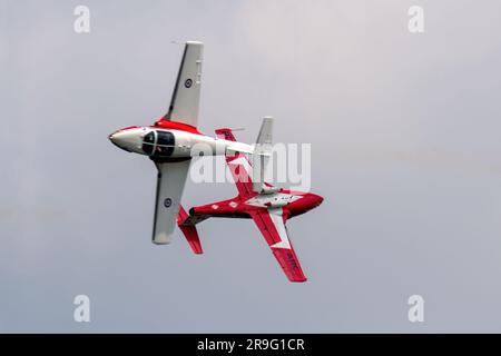 Two Royal Canadian Air Force jet aircraft Snowbirds Demonstration Team performing at 2021 Airshow London SkyDrive event in London, Ontario, Canada. Stock Photo