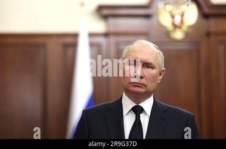 Moscow, Russia. 26th June, 2023. Russian President Vladimir Putin delivers a video address to the nation following the aborted rebellion by Wagner Group mercenary leader Yevgeny Prigozhin from the Kremlin, June 26, 2023 in Moscow, Russia. Putin claimed in the short video that the rebellion failed because the Russia people united against the rebels. Credit: Gavriil Grigorov/Kremlin Pool/Alamy Live News Stock Photo