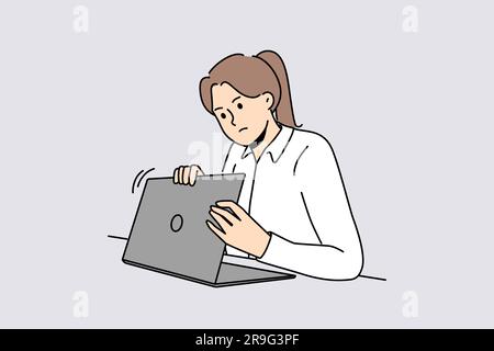 Woman is worried about privacy of data on internet and hides laptop screen while entering password. Taking care of security using internet and maintaining confidentiality to avoid information leakage Stock Vector