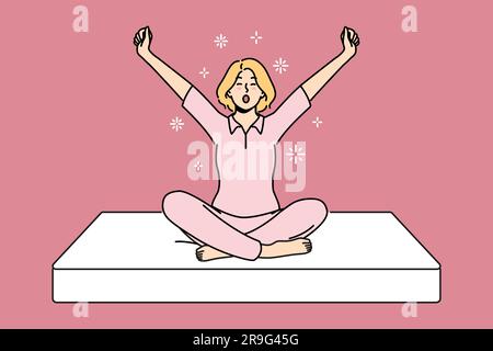 Woman sits on soft mattress and yawns getting ready for healthy sleep furniture concept. Girl in pajamas wakes up with good mood using orthopedic mattress for comfortable night rest Stock Vector