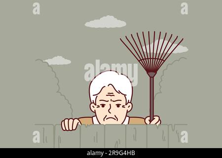 Elderly envious man neighbor peeps from behind fence spying on ...