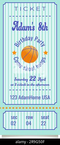 Ticket for basketball theme  Birthday party invite template  Entrance invitation and admission Vector illustration Isolated on white background Stock Vector