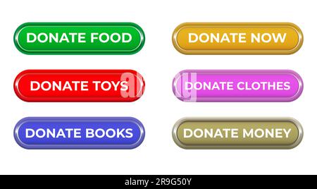 Donate web buttons collection Icon set Different colors and different text Design element for app and website Vector illustration Isolated on white ba Stock Vector