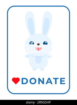 Charity and donation sticker, label, badge and logo Donate cart design Rabbit, heart and text Vector illustration isolated on white background Stock Vector