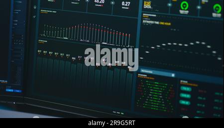 Close up shot of information database system, big data server interface, real-time analysis charts and graphs, blockchain network, cryptocurrency or stocks market displayed on computer digital screen. Stock Photo