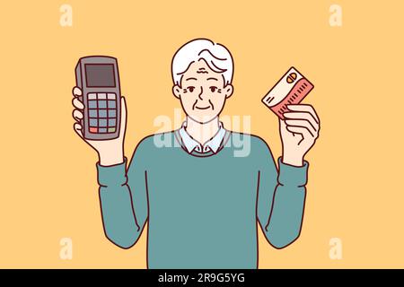 Elderly man holds POS terminal and bank card for making cashless payments in supermarket. Grey-haired store owner recommends using POS equipment for retail business and customer service Stock Vector