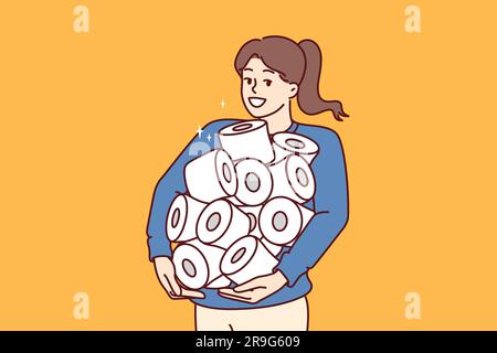 Pile of toilet paper in hands of happy woman stocked up in case of quarantine or hurricane threat. Young girl holds lot of toilet paper bought during big discounts on hygiene products. Stock Vector