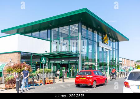 Entrance to Morrisons Supermarket, Newport Road, Sandown, Isle of Wight, England, United Kingdom Stock Photo