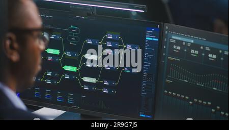 African American software engineer looks at computer screen with displayed big data server and blockchain network, monitors real-time analysis charts in monitoring office. Concept of cyber security. Stock Photo
