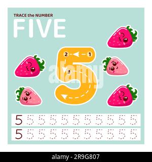 Trace number five. Learning to count and write. Stock Vector