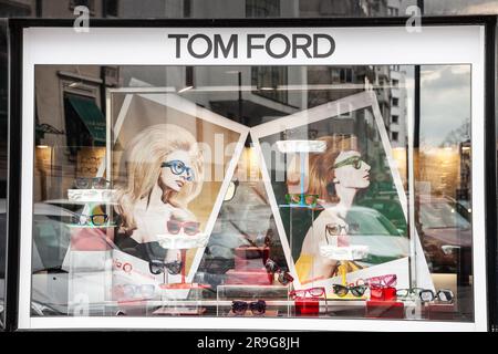 Picture of a sign with the logo of Tom Ford on their shop in Bucharest, Romania. Tom Ford SA is a luxury fashion house founded by designer Tom Ford in Stock Photo