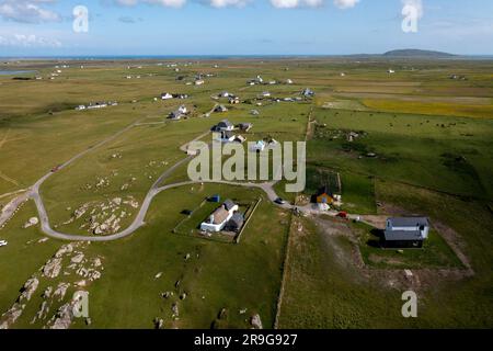 Aerial view of the Balevullin settlement on the Isle of Tiree, Inner Hebirdes, Scotland. Stock Photo