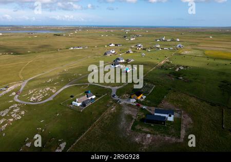 Aerial view of the Balevullin settlement on the Isle of Tiree, Inner Hebirdes, Scotland. Stock Photo