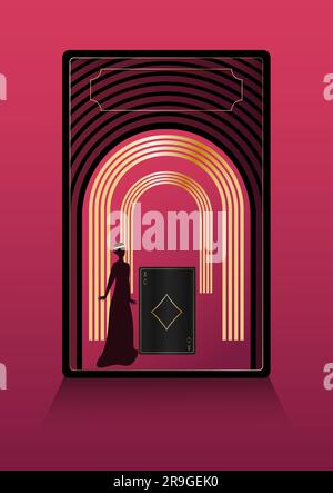 Ace of diamonds in golden on black Playing card, woman and gold arches Art deco  style Banner template Copy space Vector illustration Stock Vector