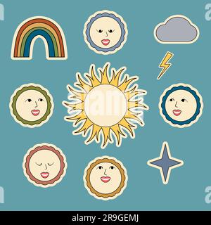Sun and comic faces with various emotions. Sun, rainbow, cloud, star and lightning stickers set  Funny cartoon characters Isolated vector illustration Stock Vector