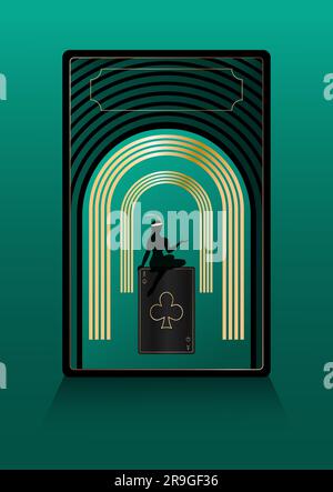 Ace of clubs in golden on black Playing card, woman and gold arches Art deco  style Banner template Copy space Vector illustration Stock Vector