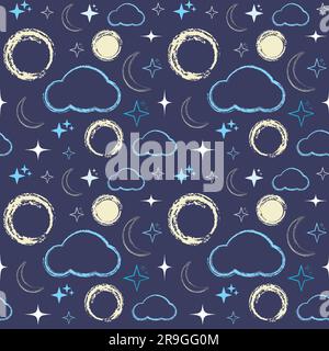 Hand drawn chalk seamless pattern Night sky Cloud, moon, stars Vector illustration Stock Vector