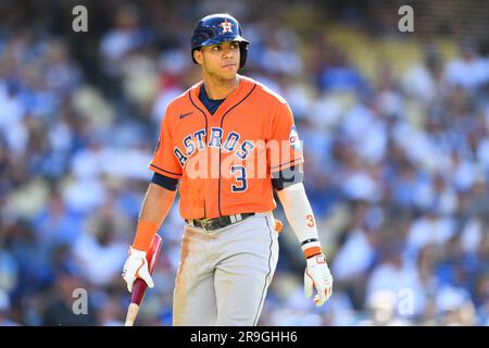 Houston Astros' Jeremy Pena walks off the field after popping out