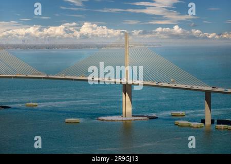 Sunshine Skyway Bridge over Tampa Bay in Florida with moving traffic. Concept of transportation infrastructure Stock Photo