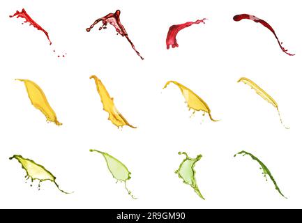 Collage with splashes of different juices isolated on white Stock Photo