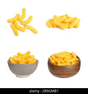Collage of tasty corn sticks on white background Stock Photo