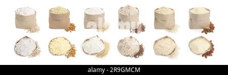 Different types of flour in paper bags on white background, top and side views. Collage design Stock Photo