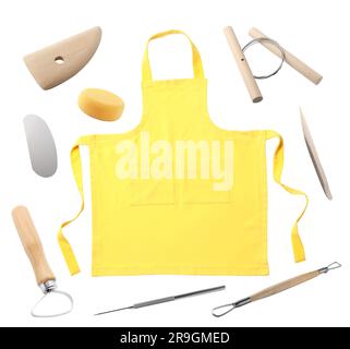 https://l450v.alamy.com/450v/2r9gmed/set-of-pottery-tools-and-yellow-apron-on-white-background-2r9gmed.jpg