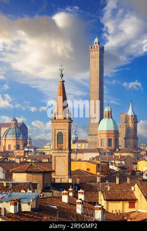 Bologna, Italy rooftop skyline and famous historic towers in the daytime. Stock Photo
