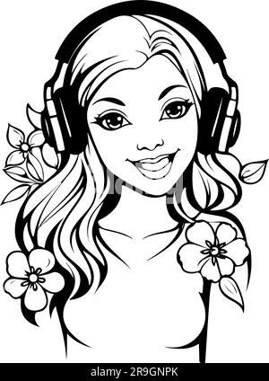 vector art of a cute girl wearing headphones listening to music Stock Vector