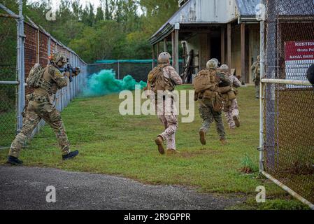 NAVAL BASE GUAM, Guam. (May 11, 2023) –Sailors from Explosive Ordnance Disposal Mobile Unit Five, assigned to Commander. Task Force (CTF) 75, EOD Marines assigned to the 9th Engineering Support Battalion and officers from the Guam Police Department conduct a raid drill and simulated casualty evacuation onto an MH-60S Sea Hawk helicopter assigned to the “Blackjacks” of Helicopter Sea Combat Squadron Two-One (HSC) 21 during a field training training exercise near Naval Base Guam. This training exercise strengthens readiness in inserting personnel into a military area of operations. CTF 75 execut Stock Photo