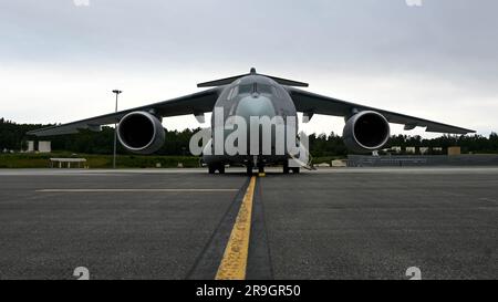 A Japanese Air Self-Defense Force Kawasaki C-2 from the 403rd Tactical Airlift Squadron, Miho Air Base, Japan, sits on the flightline prior to take off on Joint Base Elmendorf-Richardson, Alaska, June 15, 2023 during RED FLAG-Alaska 23-3. RF-A serves as an ideal platform for international engagement and the exercise has a long history of including Allies and partners. (U.S. Air Force Photo by Airman 1st Class Erin V. Currie) Stock Photo