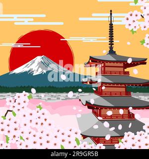 Mount Fuji in cherry blossom season near the pagoda. Stock Vector