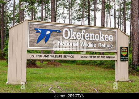 Folkston Georgia,Okefenokee National Wildlife Refuge swamp,entrance sign Stock Photo