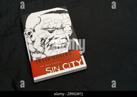 Sin City: The Hard Goodbye by Frank Miller on dark surface. Lahti, Finland. June 18, 2023. Stock Photo
