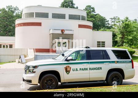 Macon Georgia,Ocmulgee Mounds National Historic Park,Visitor Center centre,US Park Ranger vehicle,ancestral homeland of the Muscogee Creek Nation,outs Stock Photo